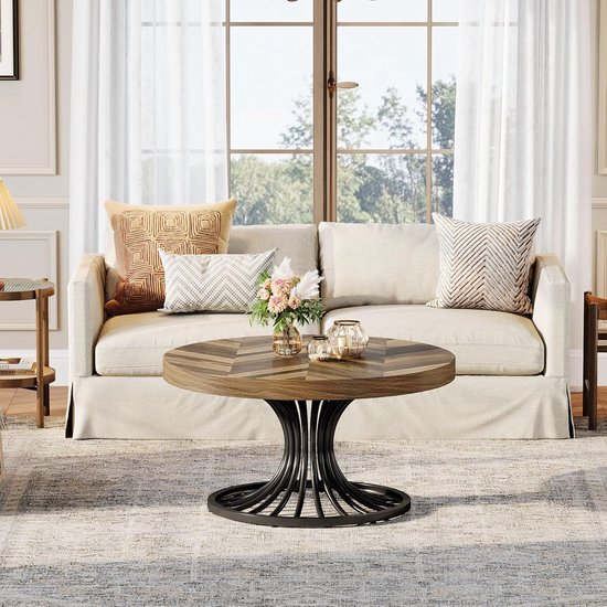 Table basse industrielle ronde en bois de manguier Tribesigns 79 cm - avec base en métal élégante - Marron rustique et Zwart - Table basse - Table d'appoint - 79 x 79 x 45 cm