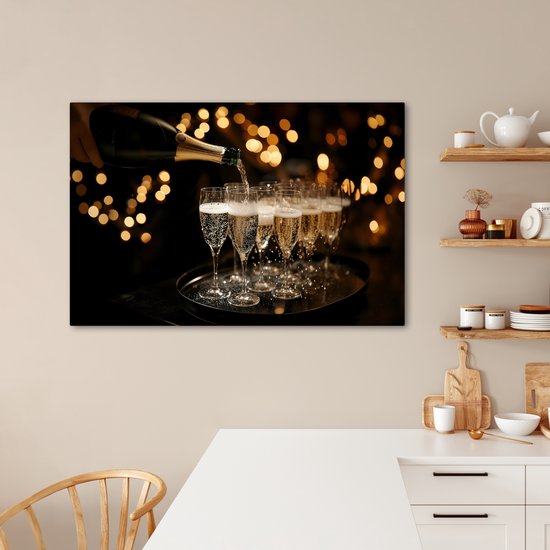Peinture sur toile 120x80 cm - Décoration murale Lumières - Champagne - Plateau - Verres - Accessoires de Décoration murale - Décoration murale Cuisine - Peintures sur toile