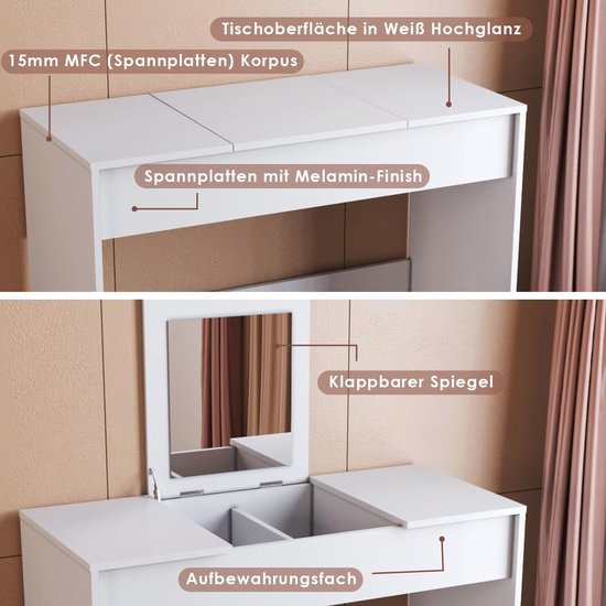 Kaptafel voor dames, make-uptafelset met instelbare helderheidsspiegel, grote lade en kruk met kussens, make-uptafel voor make-up (wit 50 cm Kaptafel voor dames, make-uptafelset met instelbare helderheidsspiegel, grote lade en kruk met kussens, make-uptafel voor make-up (wit 50 cm