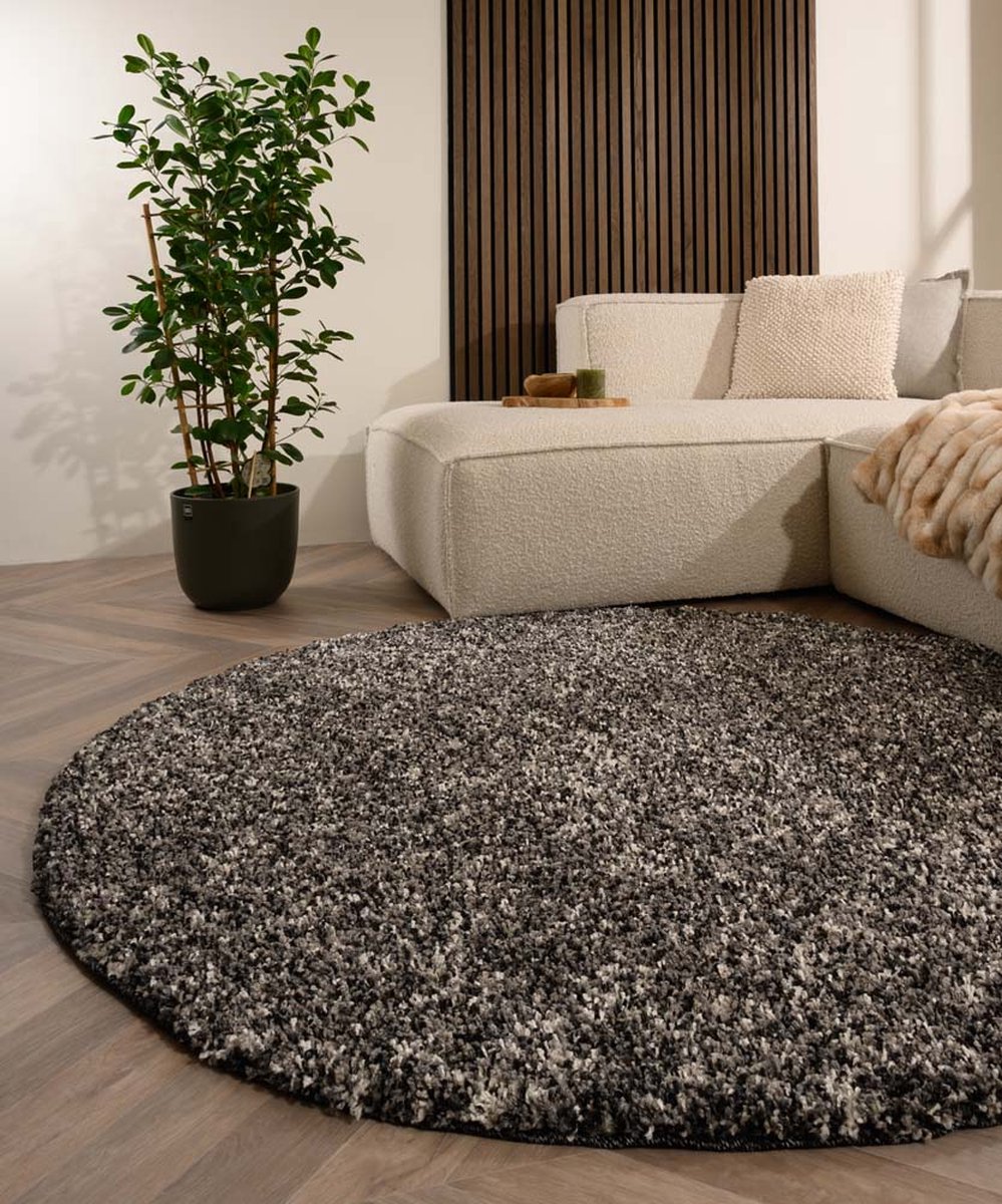 Rond hoogpolig vloerkleed - Blend zwart/grijs 200 cm
