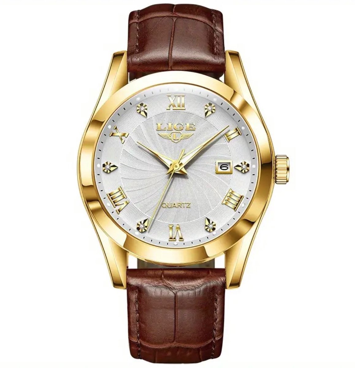 Lige - Heren Horloge - Leren Band - Polshorloge - Heren - Horloge - Horlogedoos - Mannen - Goud Wit - Polsband Bruin