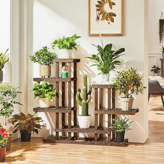 GOPLUS Bloemenstandaard met 3 niveaus, plantenstandaard hout