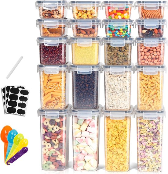 GiDeli Voorraaddozen met deksel, luchtdicht, set met 24 kunststof containers, BPA-vrij, grote opbergdozen voor meel, suiker en granen, met schrijfstift en etiket