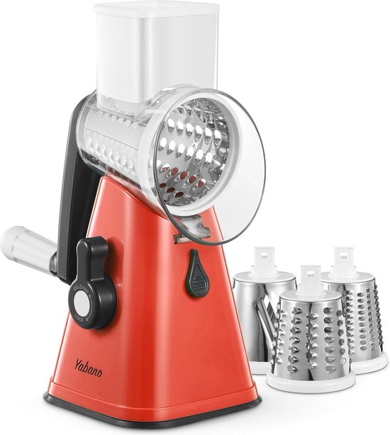 CHDEXU Roterende kaasrasp met handvat, handmatige groentesnijder met 5 afneembare roestvrijstalen messen, ronde rasp snijmachine, handslinger, voedselhakmolen voor keuken met opbergbox