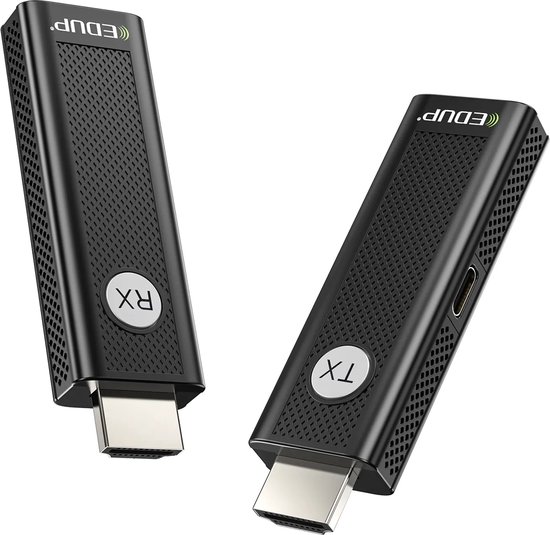 Twee zwarte EDUP HDMI-transmitters/ontvangers, één gemarkeerd 'RX' en de andere 'TX', met HDMI-connectoren.