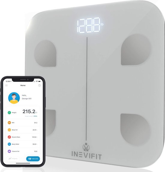Balance corporelle blanche moderne avec un écran numérique affichant '128.8 lb'. Un smartphone à côté affiche l'application "Home" avec des données de poids.