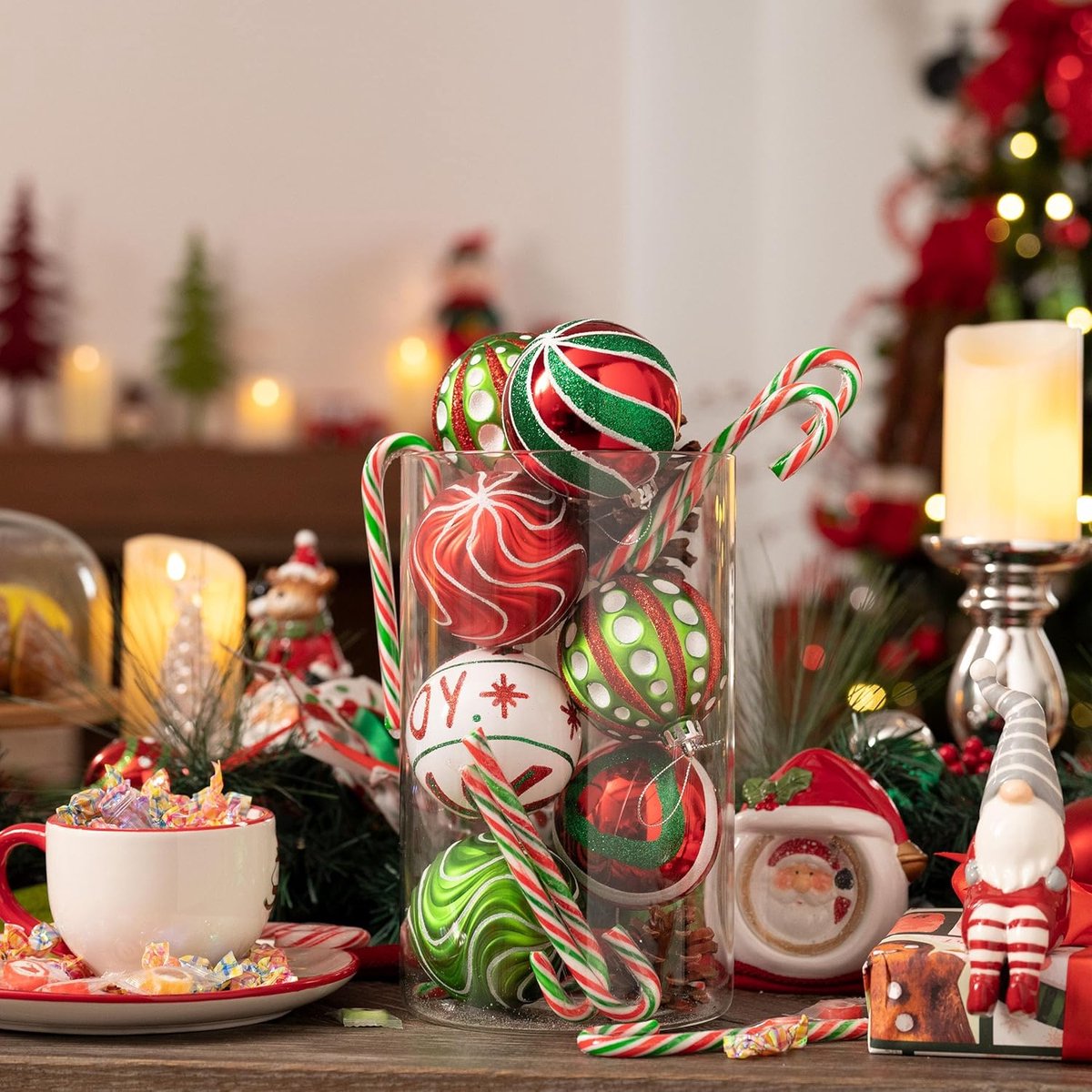 Kerstballen, kerstdecoratieset, kunststof kerstballen met ophanghaakjes, 30 stuks, 60 mm, voor Kerstmis, kerstboomversiering, kerstboomversiering, rood, groen en wit