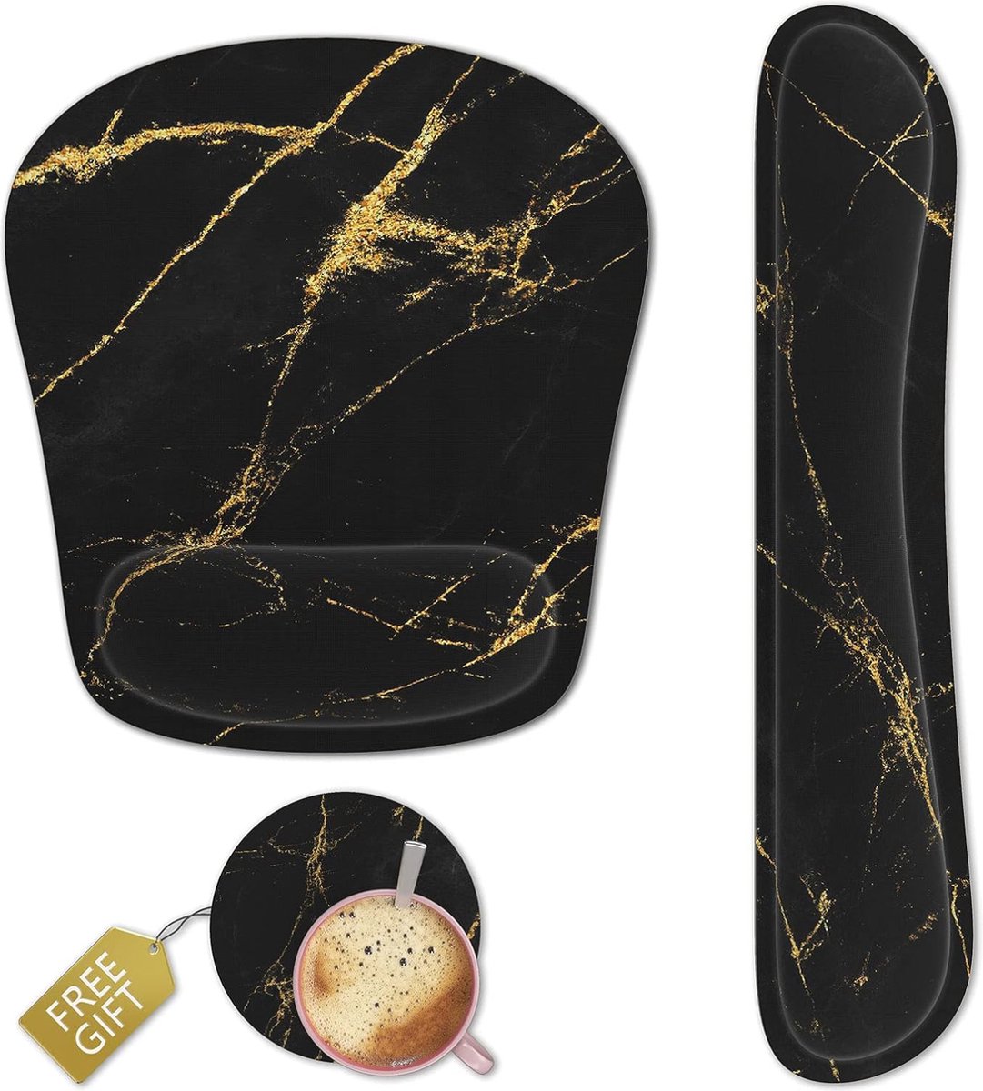 Ergonomische Toetsenbordpolssteun en Muismat Set met Memory Foam - Antislip Rubber - Zwart Marmer