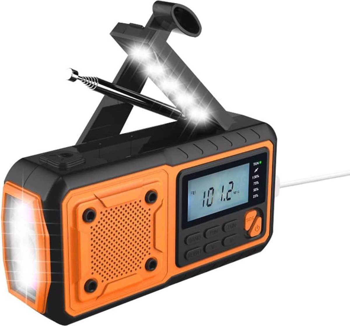 Draagbare zonne-radio met handslinger, AM/FM en weerbericht, 4000 mAh noodpowerbank en SOS-alarm voor camping en wandelen