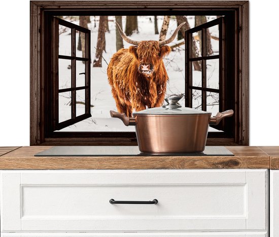 Crédence de Cuisinière en Aluminium 80x55 cm - Highlander écossais - Neige - Nature - Animaux - Transparent - Hiver - Écran Pare-éclaboussures pour Plaque de Cuisson - Protection Murale