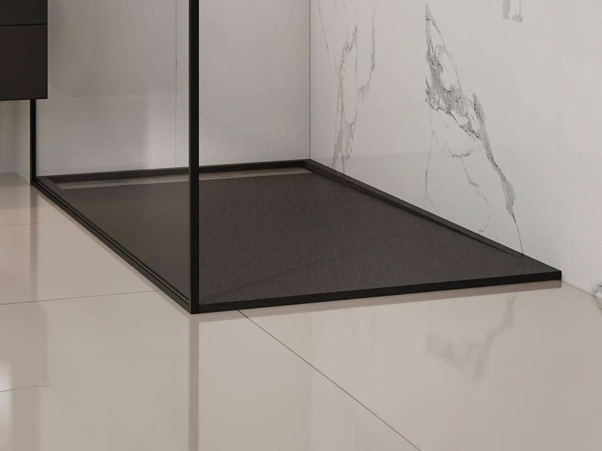 Vente-unique Opzet- of inbouwdouchebak in hars met sifon - Zwart - 160 x 90 cm - Snijdbaar - LYROSA