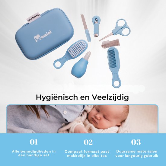 Momini BabyCare Blue Babyverzorgingsset - 8-delige Multifunctionele Baby Cadeauset - Veilig en Stijlvol - Blauw van Momini — afbeelding 2