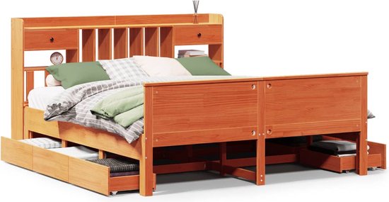 vidaXL - Lit - avec - bibliothèque - sans - matelas - bois de pin - marron lavé - 180x200 - cm
