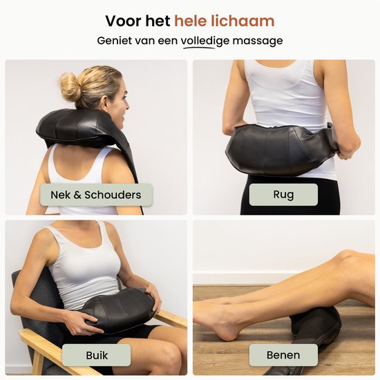 Collage van een zwart massagekussen in gebruik voor nek, schouders, rug, buik en benen.