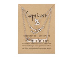 Bixorp Stars Set van 3 Steenbok / Capricorn Kettingen - Zilverkleurige Ketting op Cadeau Kaartje - Sterrenbeeld / Zodiac Sieraden Set