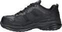 Zwarte Skechers werkschoen, zijaanzicht, met veters en verstevigde neus.