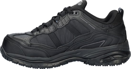 Zwarte Skechers werkschoen, zijaanzicht, met veters en verstevigde neus.