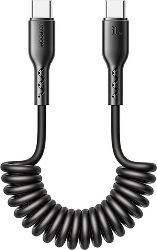 Joyroom - USB-C naar USB-C Kabel - Krulsnoer - Uitrekbare oplaadkabel - Universele oplaadkabel - 1,5 m - 60W - Zwart