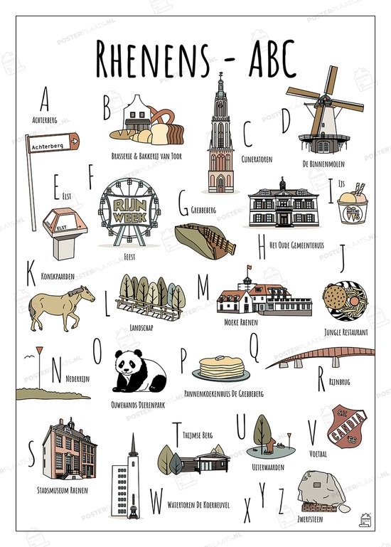 ABC Poster Rhenen - 50 x 70 cm - Educatieve Letterposter met Handgetekende Illustraties - Kinderkamer & Wanddecoratie - Woondecoratie - Relatiegeschenk
