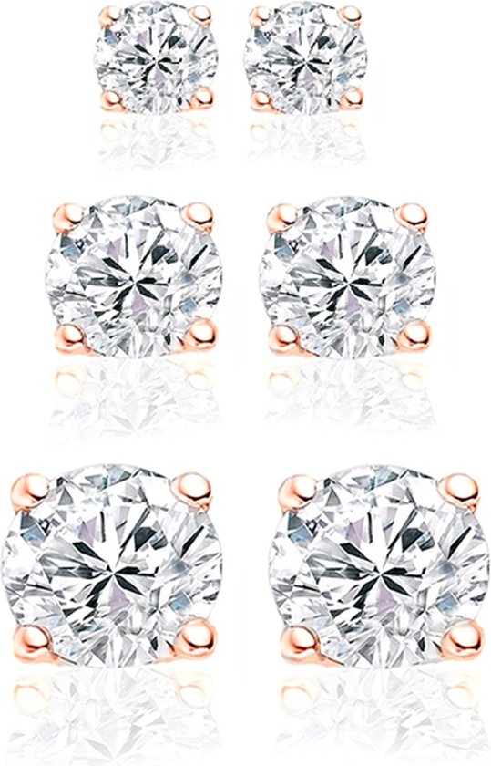 Silventi 929901015 Boucles d'oreilles en argent - lot de 3 paires de clous d'oreilles - 3 tailles différentes - rondes - zircone - couleur rose