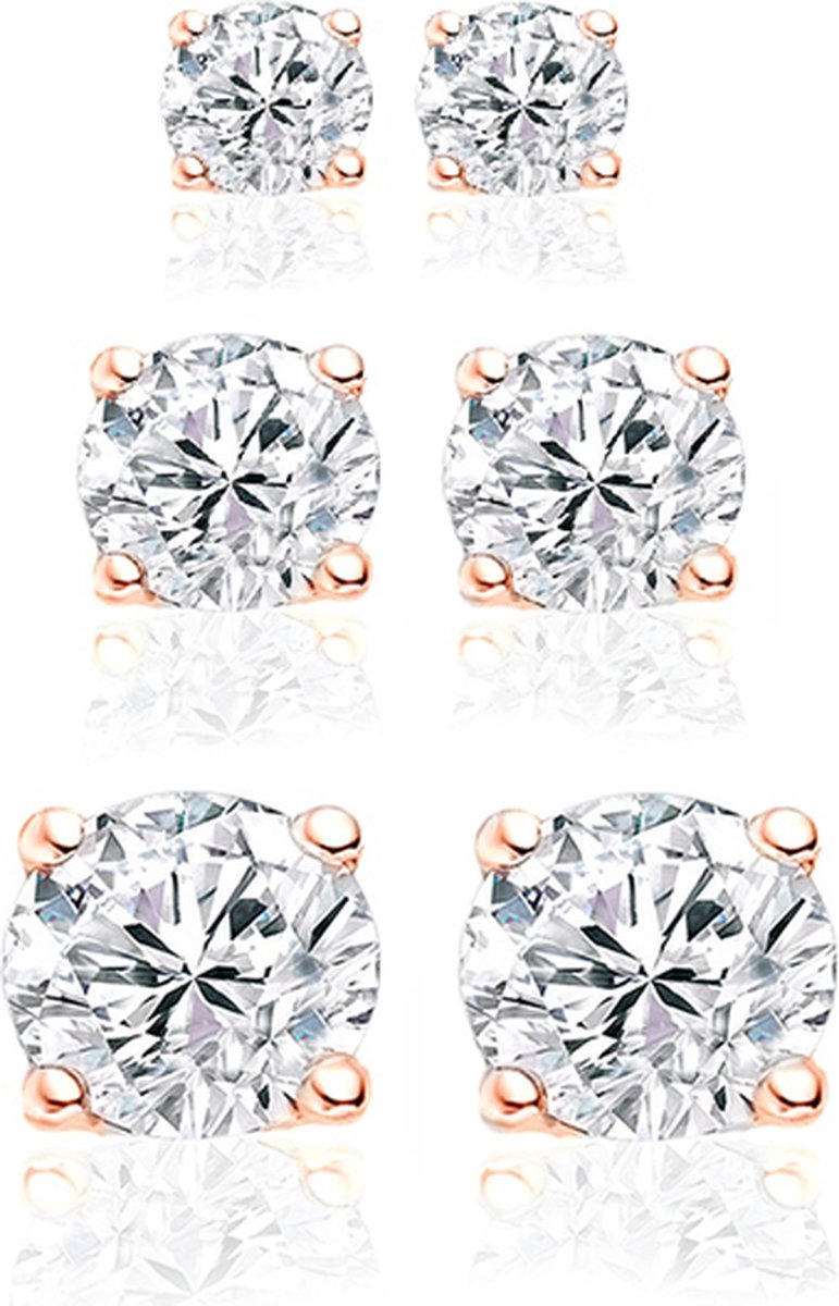 New Bling 929901015 Zilveren oorbellen - set van 3 paar oorknoppen - 3 verschillende maten - rond - zirkonia - rosékleurig