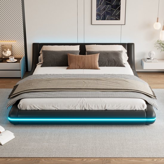 Lit double Sweiko 160*200 cm, éclairage LED, PU, ​​noir