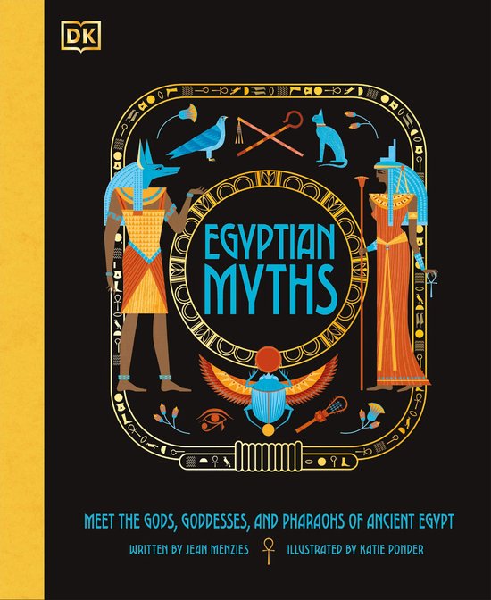 Boekomslag 'Egyptian Myths' met farao's, goden en hiërogliefen in goud en blauw. 'Meet the Gods, Goddesses, and Pharaohs of Ancient Egypt'.