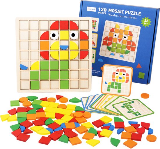 Puzzle en bois représentant un lion fait de pièces multicolores, à côté d'une boîte, de cartes et de pièces détachées.