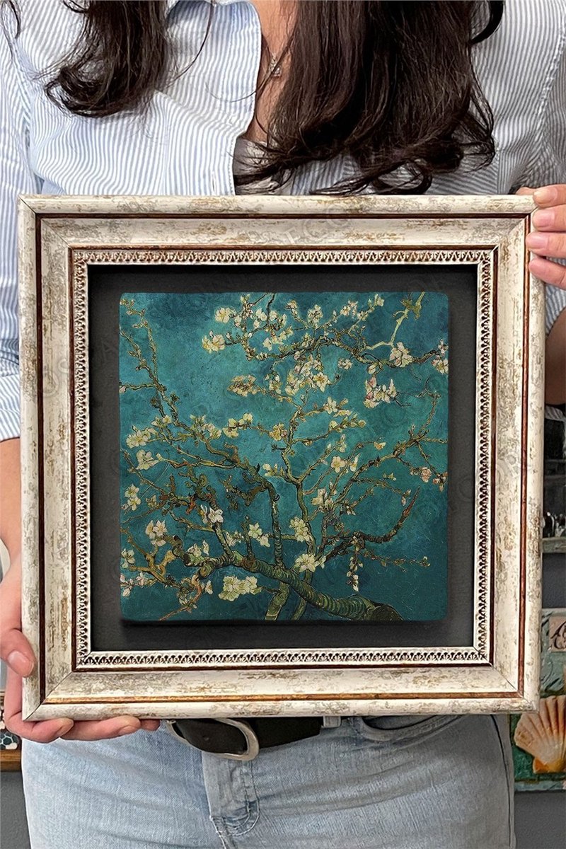 Vincent van Gogh - Amandelbloesem – 30 x 30 cm - Groen - Schilderij - Muurdecoratie – Wanddecoratie - Ingelijst natuur stenenschilderij - Tegel kunst - Wanddecoratie - Muurdecoratie - Nieuwjaarscadeau - Kerstcadeau -Verjaardagscadeau