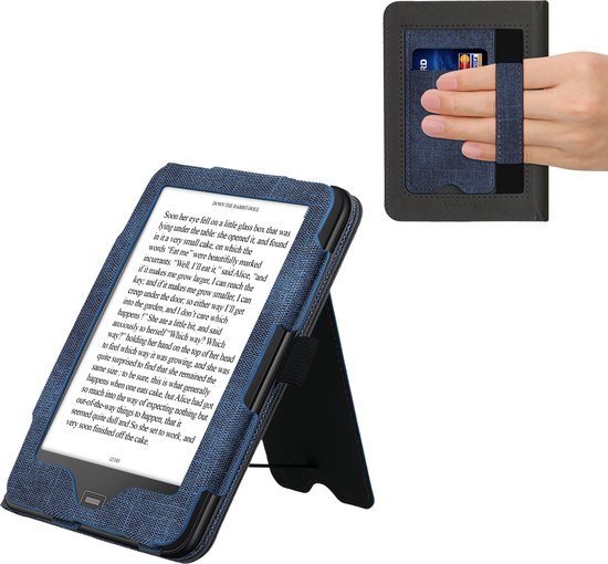 Housse à rabat kwmobile pour Tolino Vision 1 / 2 / 3 / 4 HD - Housse avec poignée pour liseuse en bleu foncé / gris