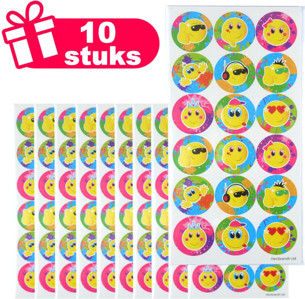 Henbrandt - Set van 10x Stickervellen met Grote SMILEYS Stickers om Uit te Delen of te Knutselen - Traktatie uitdeelcadeautjes - 10x Stickervellen voor Kinderen met 18 Stickers per Vel = Totaal: 180 Stickers