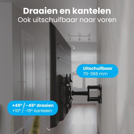 Support mural TV noir avec bras extensibles, extensible de 70 à 368 mm, rotation de 45° et inclinaison de 15°.