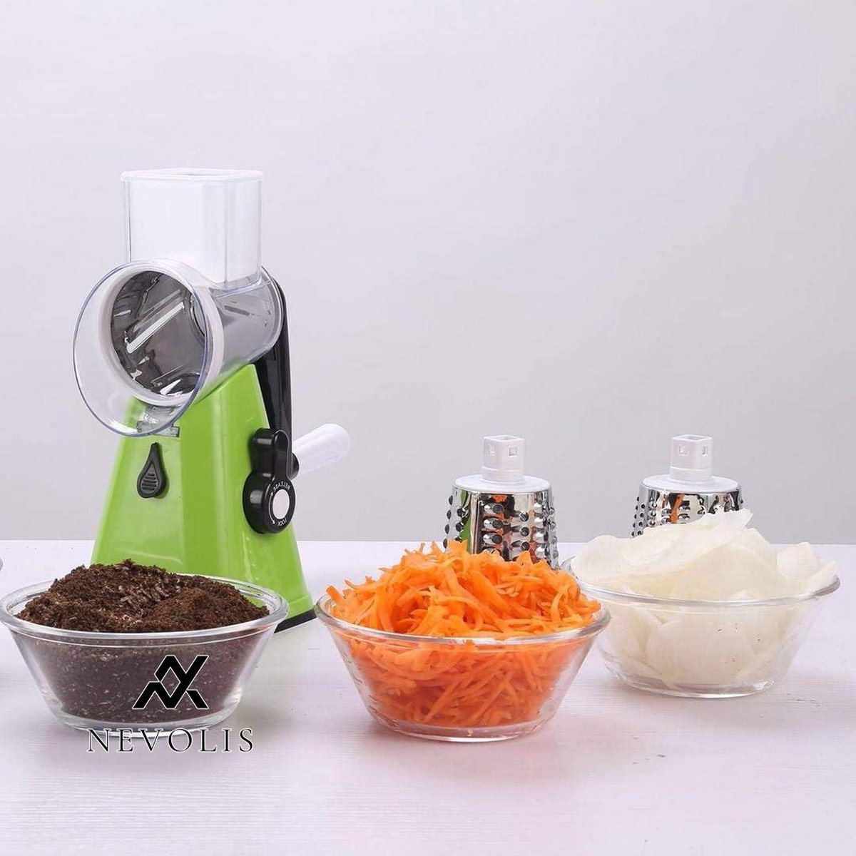 Nevolis Manual Rotary Potato Grater Kitchen Mandolin Vegetable Cutter with 3 Interchangeable Blades Easy to Use - Green .