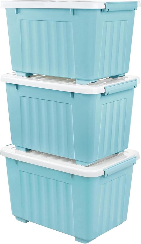 Cetomo 80L*4 Cajas de Almacenamiento con Tapas, Contenedores de Plástico con Ruedas, Clip On, Apilables, Encajables, Organizador Rayado para Oficina en Casa, Gris, 80L-4 Pack