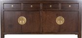 Bruin dressoir met vier deuren, vier lades en gouden ronde grepen, geïsoleerd op witte achtergrond.