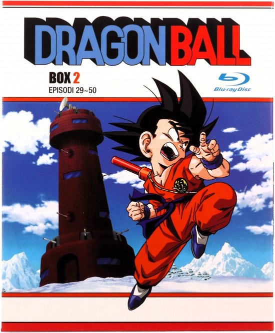 Goku dans sa tenue orange court devant une tour rouge, avec le texte DRAGON BALL BOX 2 EPISODI 29-50.