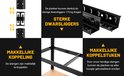 Details van de stellingkast: sterke dwarsliggers, makkelijke koppeling en koppelstukken.