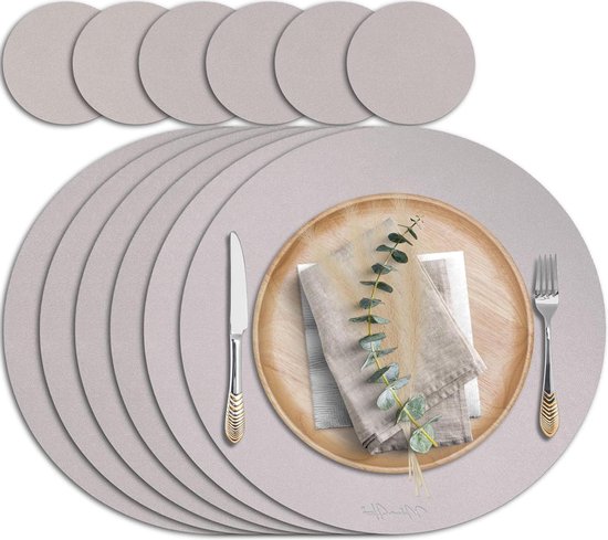 Mahewa® Set van 6 premium placemats van kunstleer, afwasbaar en waterdicht, placemats in lederlook (donkergrijs/zwart, ovaal met houder