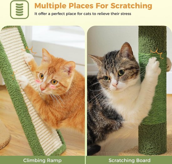 PurpurRain Kattenboom, meertraps kattentoren, sisal beklede krabpalen, diepe hangmat en interactief speelgoed, grijs, 105 cm (groen