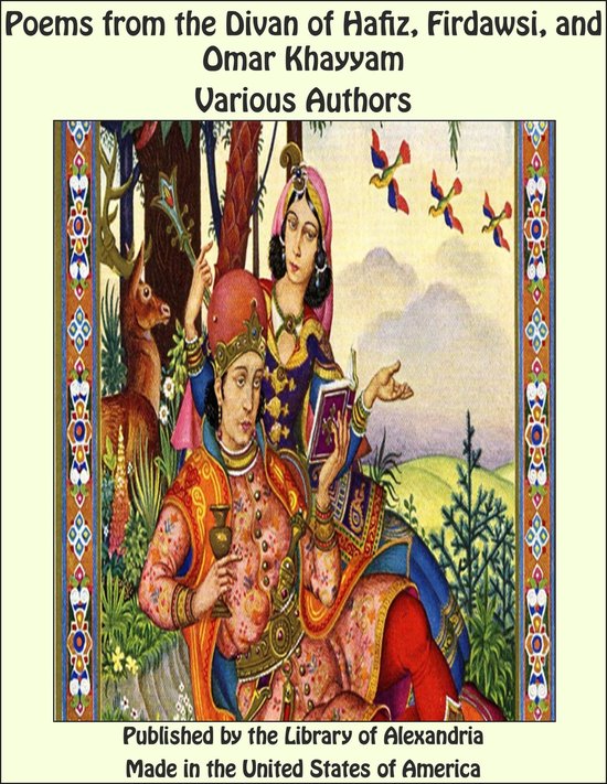 Couverture de livre avec des miniatures persanes représentant deux personnes, un cerf et des oiseaux en vol. Titre: Poèmes du Divan de Hafiz, Firdawsi et Omar Khayyam.