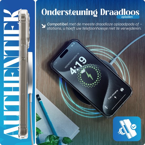 Ondersteuning draadloos opladen. Compatibel met de meeste draadloze oplaadpads zonder de hoes te verwijderen.