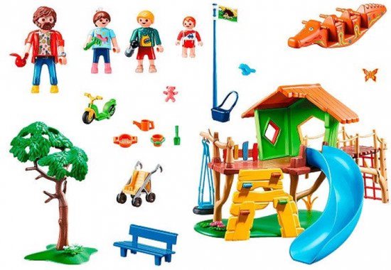 Playmobil speeltuin-onderdelen: huisje, glijbaan, schommel, klimmuur, scooter, bench, wip en figuren.
