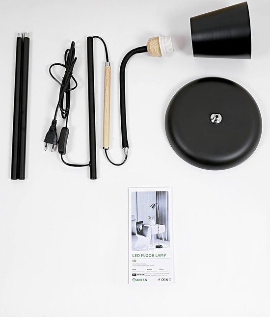 ANTENLICHT VILI| Floor lamp living room E27 rotatable 360° socket max.60W | Reading lamp for sofa bed bedroom | Metal floor lamp black with height 159cm (without lamp