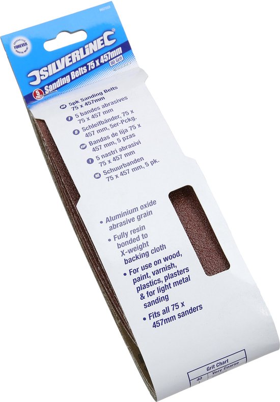 Bandes abrasives Silverline 75 x 457 mm, 5 pièces grain 80