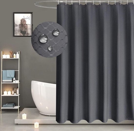 Furlinic extra lange douchegordijnen voor de badkamer, waterdicht, schimmelbestendig, gewogen polyester, zwarte set met 12 ADS-haken, 180 x 213 cm