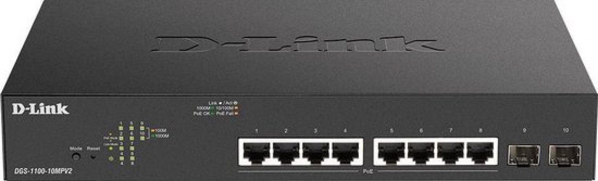 D-Link DGS-1100-10MPV2 netwerk-switch Managed L2 Gigabit Ethernet (10/100/1000) Power over Ethernet (PoE) 1U Zwart