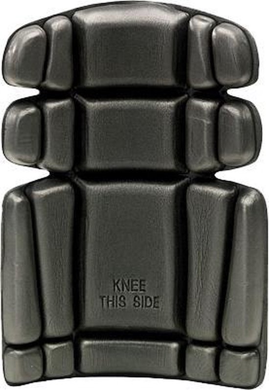 Zwarte kniebeschermer met noppenpatroon. 'KNEE THIS SIDE' tekst erop.