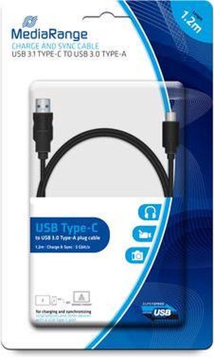 MediaRange Charge and sync cable, USB 3.1 Type-C to USB 3.0 Type-A, 1.2m, black