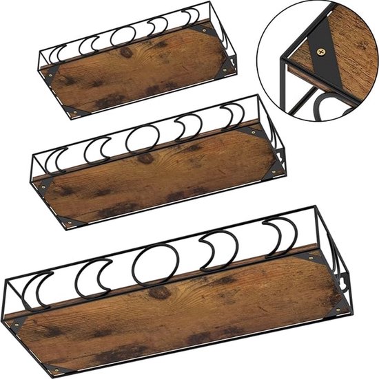 Industriële Plank IBUYKE Zwevende Wandplank - 60 X 20,5 X 53 Cm - Rustiek Bruin, 2 Niveaus, Van Hout En Metaal Floating Shelves