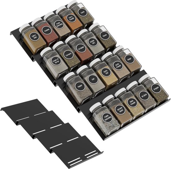 Tiroir à épices White-Label® - Organisateur de tiroir Pots d'herbes aromatiques - Étagères à épices - Zwart